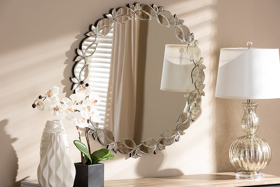 RXW-6175 Luiza Modern & Contemporary Silver Finished Round Petal Leaf Accent Wall Mirror