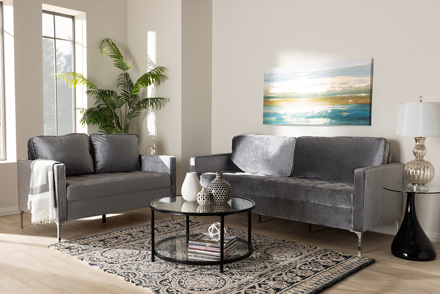 Picture of Baxton Studio Clara-Grey-2PC-Set Clara Modern & Contemporary Grey Velvet Fabric Upholstered Living Room Set - 2 Piece