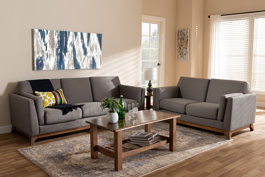 Picture of Baxton Studio BBT8037-Grey-2PC-Set Sava Mid-Century Modern Grey Fabric Upholstered Walnut Wood Living Room Set - 2 Piece