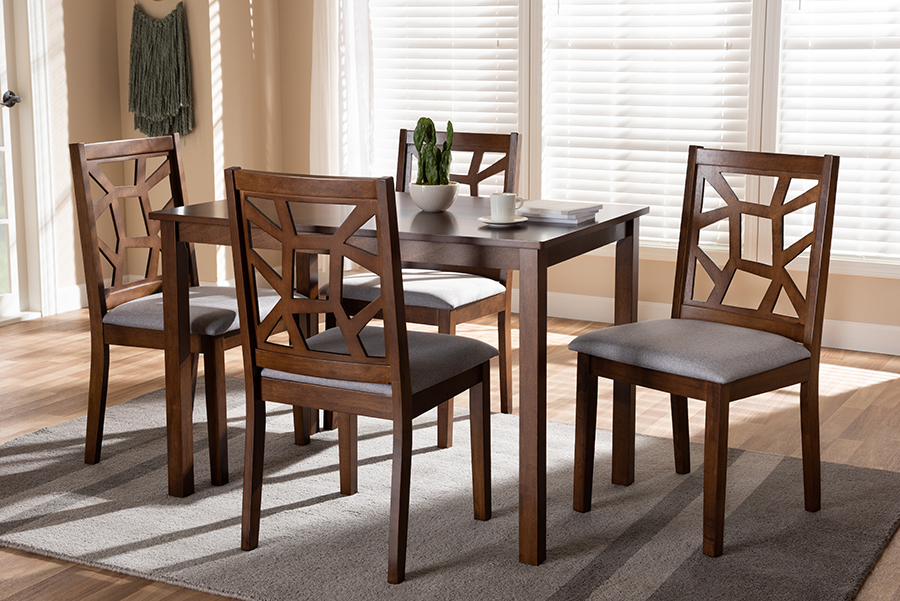 Picture of Baxton Studio RH3010C-Walnut-Grey Dining Set Abilene Mid-Century Walnut Finished & Grey Fabric Upholstered Dining Set - 5-Piece