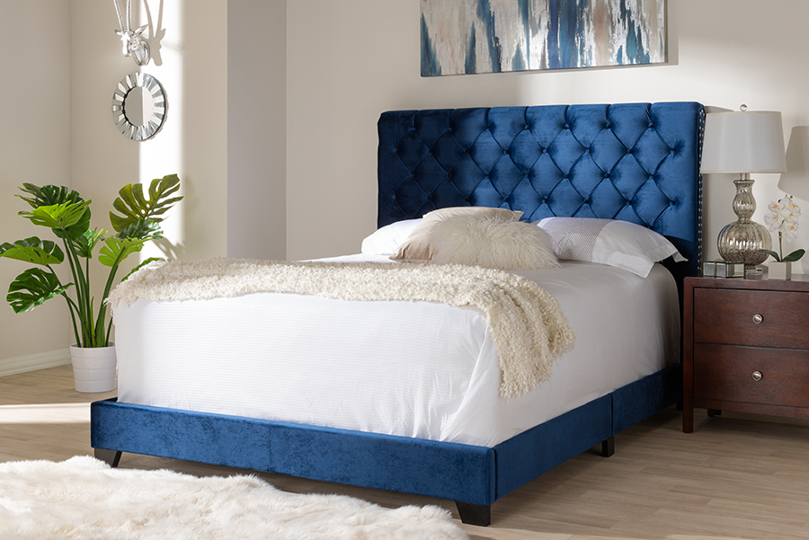 Candace-Navy-Full Candace Luxe & Glamour Navy Velvet Upholstered Bed - Full Size