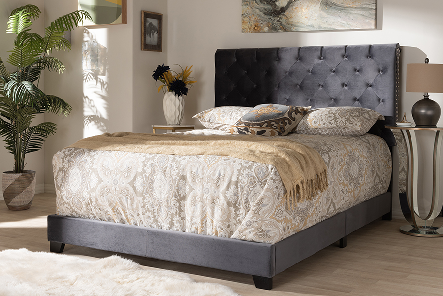 Picture of Baxton Studio Candace-Grey-Queen Candace Luxe & Glamour Dark Grey Velvet Upholstered Bed - Queen Size