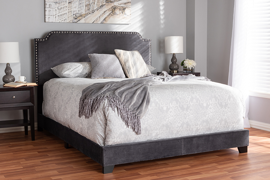 Darcy Queen Velvet Upholstered Bed - Dark Grey - Queen Size - Luxe Design