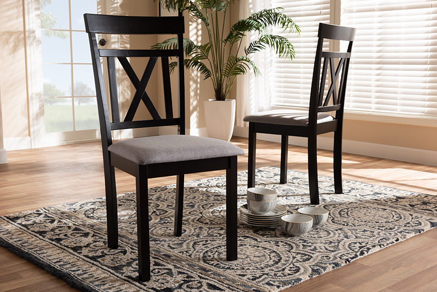 RH123C-Dark Brown-Grey-DC Rosie Modern & Contemporary Grey Fabric Upholstered & Espresso Brown Finished Dining Chair - Set of 2 -  Baxton Studio, 842507154660