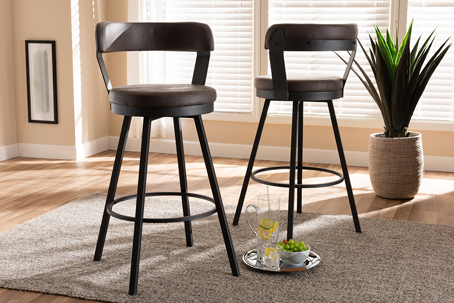 Picture of Baxton Studio CA1802-Grey-BS Arcene Rustic & Industrial Antique Grey Fabric Swivel Bar Stool - Set of 2
