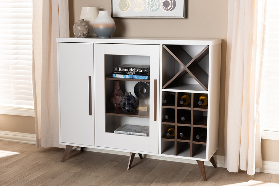 Picture of Baxton Studio SEWC160071WI-White-Columbia Pietro Mid-Century Modern White & Brown Finished Wine Cabinet