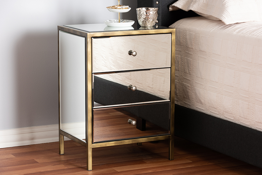 Picture of Baxton Studio RTB368-1 Nouria Modern & Contemporary Hollywood Regency Glamour Style Mirrored Three Drawer Nightstand Bedside Table