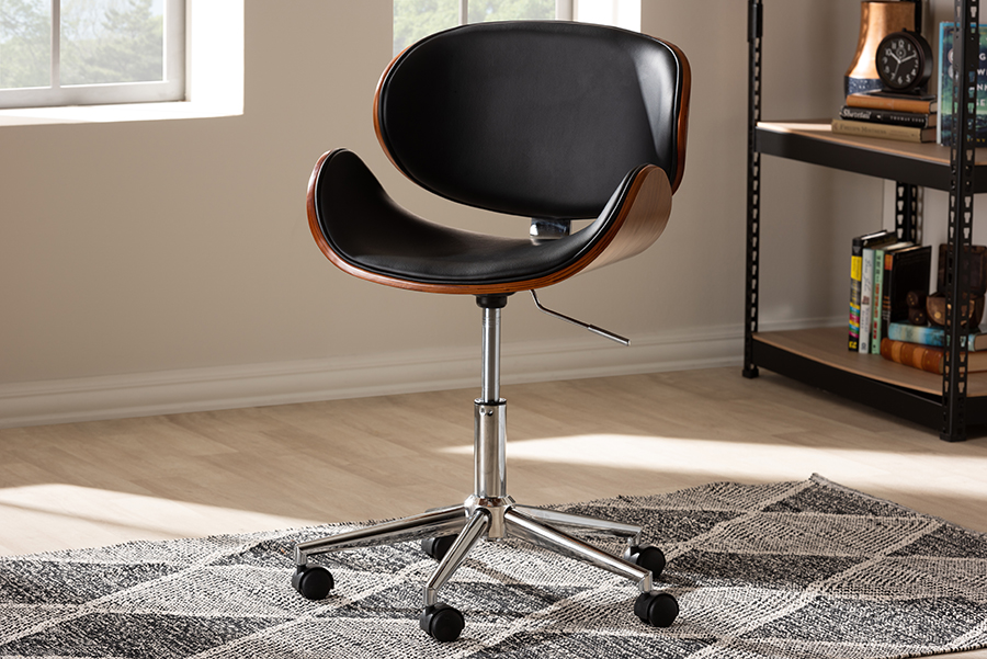 Picture of Baxton Studio T-4810-Walnut-Black Ambrosio Modern & Contemporary Black Faux Leather Upholstered Chrome-Finished Metal Adjustable Swivel Office Chair
