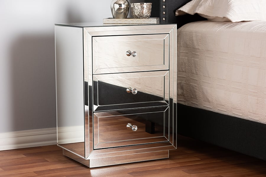 Picture of Baxton Studio RXF-1787 Lina Modern & Contemporary Hollywood Regency Glamour Style Mirrored Three Drawer Nightstand Bedside Table