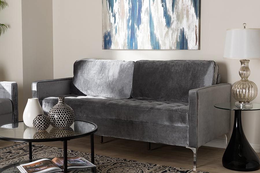 Picture of Baxton Studio Clara-Grey-SF Clara Modern & Contemporary Grey Velvet Fabric Upholstered 3-Seater Sofa