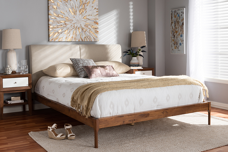 BBT6723-Light Beige-Full Aveneil Mid-Century Modern Beige Fabric Upholstered Walnut Finished Platform Bed - Full Size