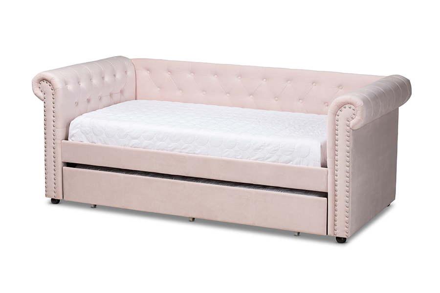 Picture of Baxton Studio Ashley-Light Pink-Daybed Mabelle Modern & Contemporary Light Pink Velvet Upholstered Daybed with Trundle