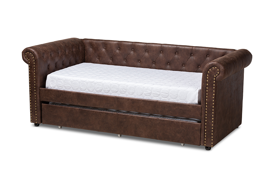 Picture of Baxton Studio Ashley-Brown-Daybed Mabelle Modern & Contemporary Brown Faux Leather Upholstered Daybed with Trundle