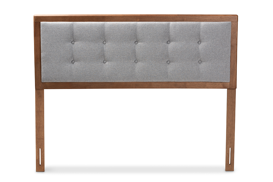 MG97053-Light Grey-Ash Walnut-HB-Queen Sarine Mid-Century Modern Light Grey Fabric Upholstered Walnut Brown Finished Wood Headboard - Queen Size -  Baxton Studio, 193271012459