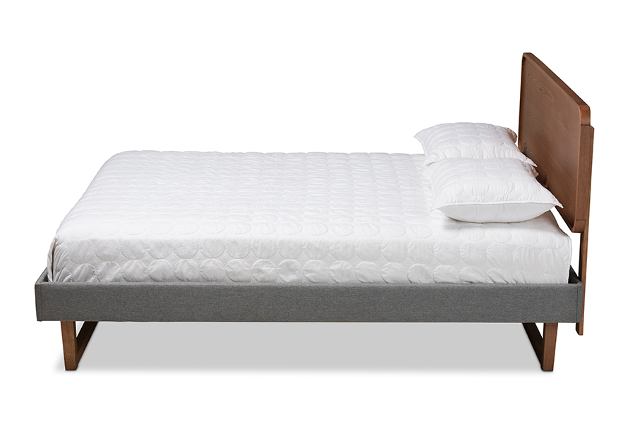 Ayla-Dark Grey-Ash Walnut-Queen Ayla Mid-Century Modern Dark Grey Fabric Upholstered Walnut Brown Finished Wood Platform Bed - Queen Size