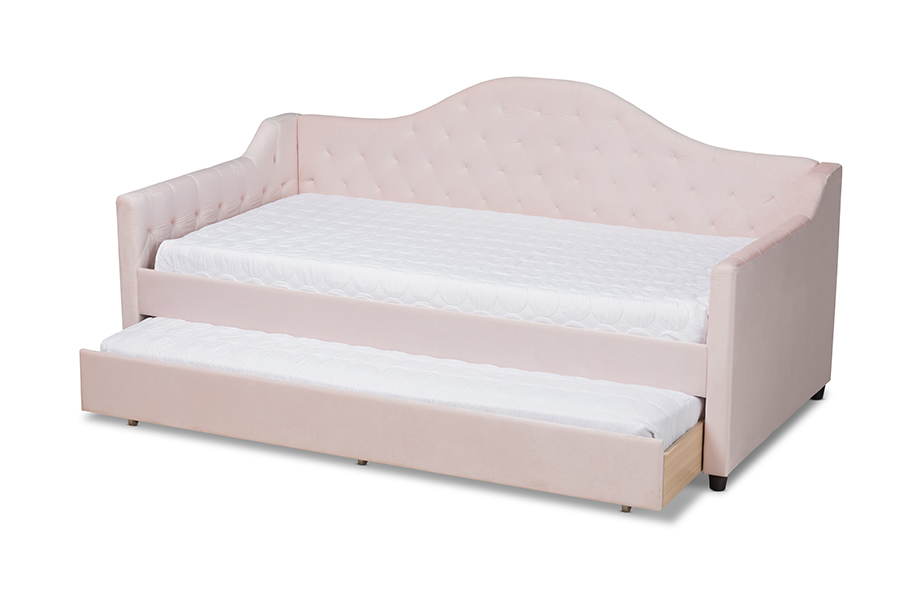 Picture of Baxton Studio CF8940-Light Pink-Daybed-T-T Perry Modern & Contemporary Light Pink Velvet Fabric Upholstered & Button Tufted Daybed with Trundle - Twin Size
