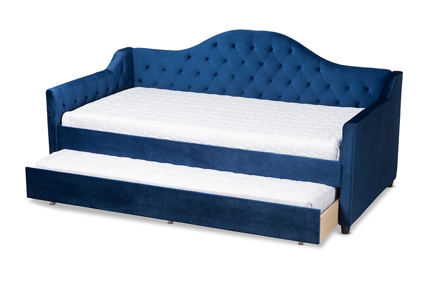 CF8940-Navy Blue-Daybed-T-T Perry Modern & Contemporary Navy Blue Velvet Fabric Upholstered & Button Tufted Daybed with Trundle - Twin Size -  Baxton Studio, 193271014262