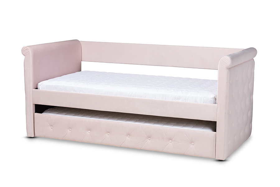 Picture of Baxton Studio CF8825-Light Pink-Daybed-T-T Amaya Modern & Contemporary Light Pink Velvet Fabric Upholstered Daybed with Trundle - Twin Size