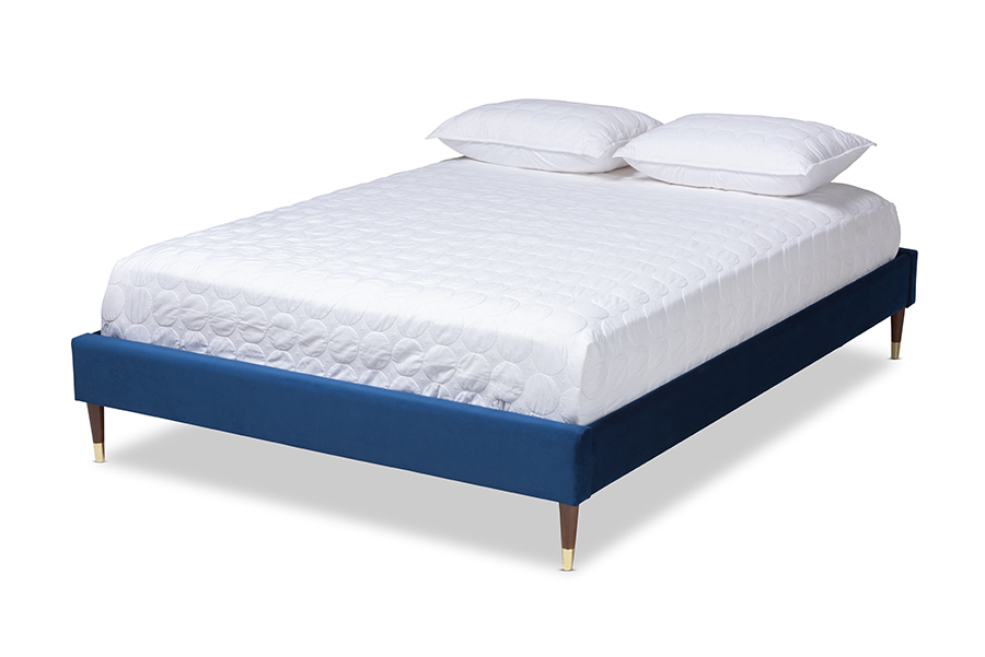Picture of Baxton Studio BBT6598A1-Navy Blue-Queen Volden Glam & Luxe Navy Blue Velvet Fabric Upholstered Wood Platform Bed Frame with Gold-Tone Leg Tips - Queen Size