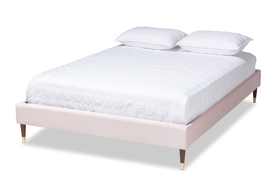 BBT6598A1-Light Pink-Full Volden Glam & Luxe Light Pink Velvet Fabric Upholstered Wood Platform Bed Frame with Gold-Tone Leg Tips - Full Size