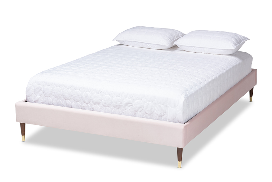 Picture of Baxton Studio BBT6598A1-Light Pink-Queen Volden Glam & Luxe Light Pink Velvet Fabric Upholstered Wood Platform Bed Frame with Gold-Tone Leg Tips - Queen Size
