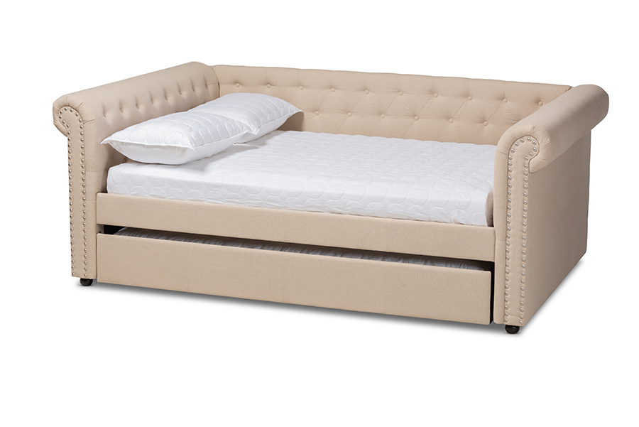 Picture of Baxton Studio Ashley-Beige-Daybed-F-T Mabelle Modern & Contemporary Beige Fabric Upholstered Daybed with Trundle - Full Size