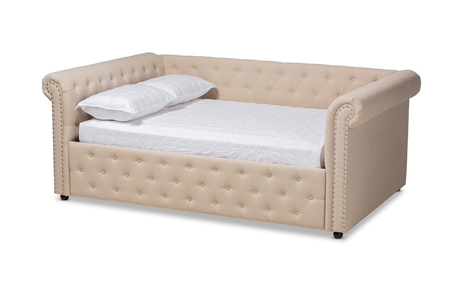 Ashley-Beige-Daybed-Queen Mabelle Modern & Contemporary Beige Fabric Upholstered Daybed - Queen Size -  Baxton Studio, 193271015559