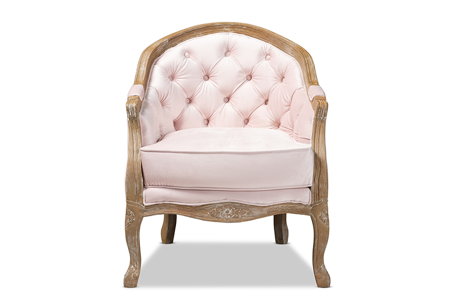 Picture of Baxton Studio TSF7766-Light Pink-CC Genevieve Traditional French Provincial Light Pink Velvet Upholstered White-Washed Oak Wood Armchair