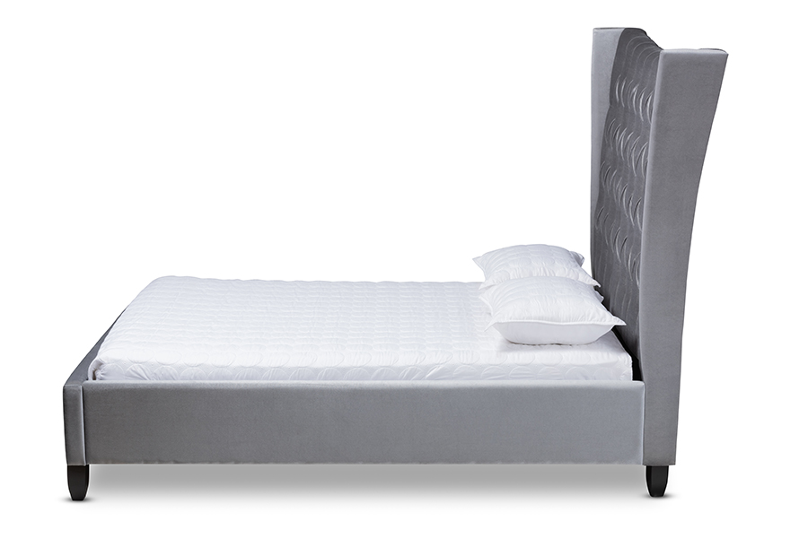 CF9015-Silver Grey-Queen Viola Glam & Luxe Grey Velvet Fabric Upholstered & Button Tufted Platform Bed with Tall Wingback Headboard - Queen Size -  Baxton Studio, 193271015887