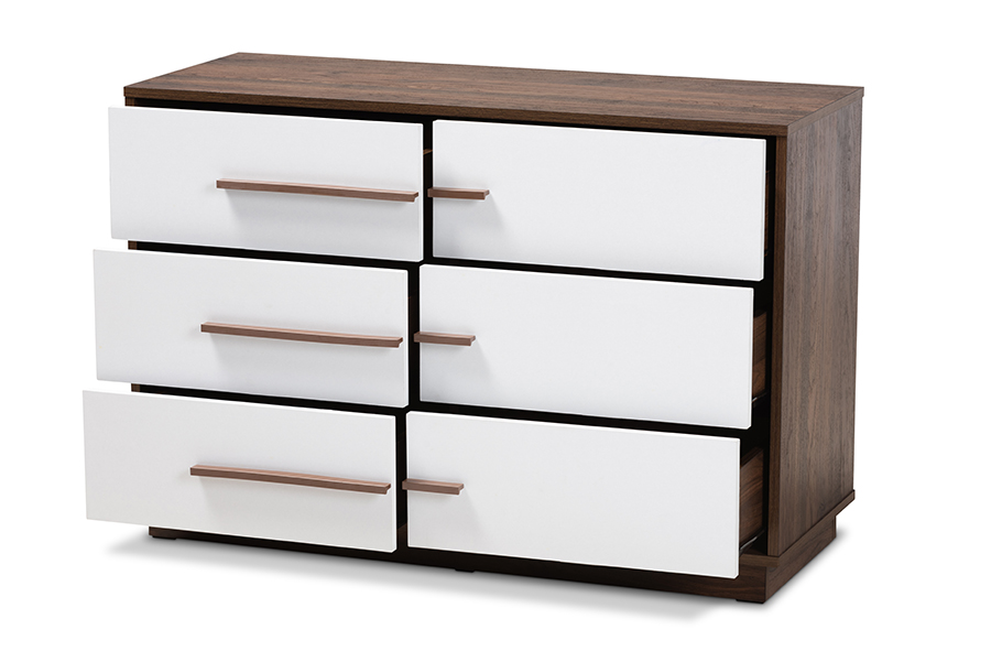 Picture of Baxton Studio LV3COD3230WI-Columbia-White-6DW-Dresser Mette Mid-Century Modern Two-Tone White & Walnut Finished 6-Drawer Wood Dresser