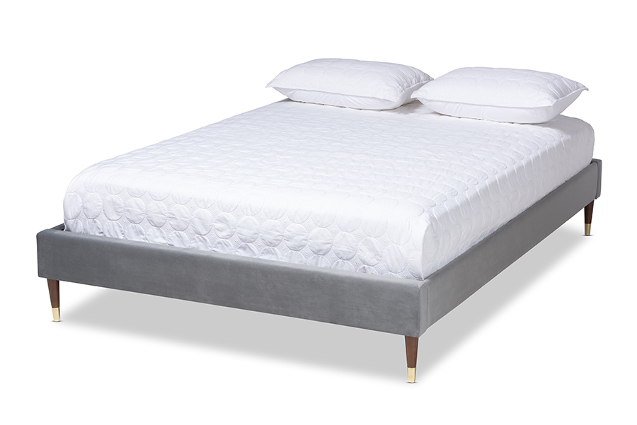 BBT6598A1-Dark Grey-Full Volden Glam & Luxe Charcoal Velvet Fabric Upholstered Wood Platform Bed Frame with Gold-Tone Leg Tips - Full Size