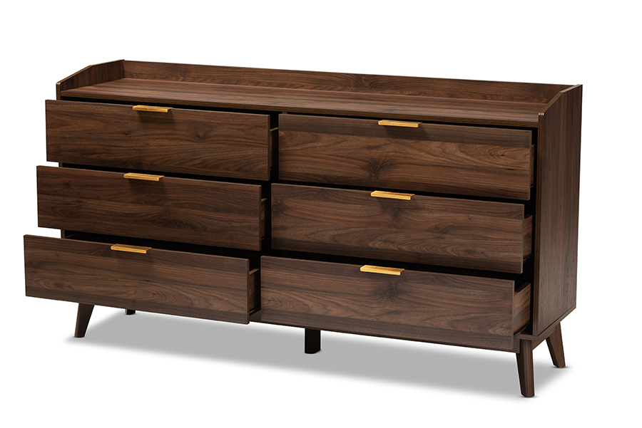Picture of Baxton Studio LV4COD4231WI-Columbia-6DW-Dresser Lena Mid-Century Modern Walnut Brown Finished 6-Drawer Wood Dresser