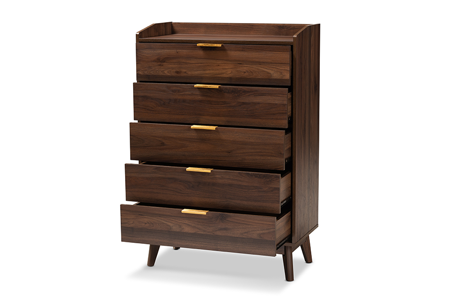 Picture of Baxton Studio LV4COD4232WI-Columbia-5DW-Chest Lena Mid-Century Modern Walnut Brown Finished 5-Drawer Wood Chest
