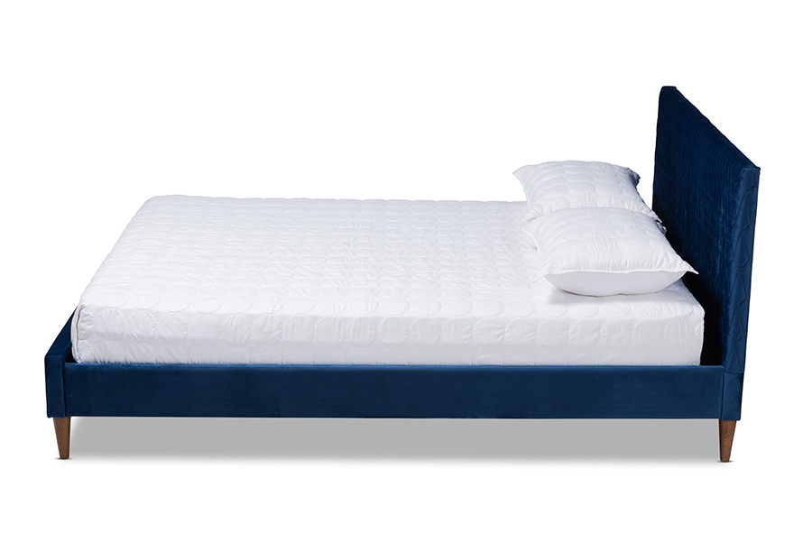 BBT6830-Navy Blue-Walnut-Full Frida Glam & Luxe Royal Blue Velvet Fabric Upholstered Bed - Full Size