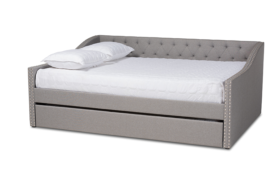 CF9046-Light Grey-Daybed-Q-T Haylie Modern & Contemporary Light Grey Fabric Upholstered Daybed with Roll-Out Trundle Bed - Queen Size