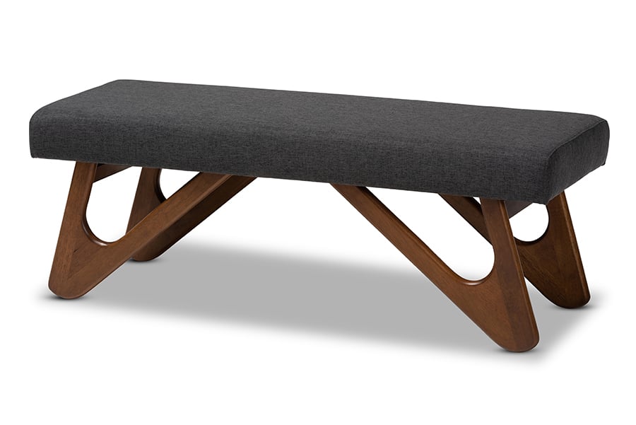 BBT5367-Dark Grey-Walnut-Bench Rika Mid-Century Modern Dark Grey Fabric Upholstered Walnut Brown Finished Boomerang Bench
