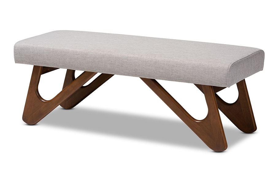 BBT5367-Greyish Beige-Walnut-Bench Rika Mid-Century Modern Greyish Beige Fabric Upholstered Walnut Brown Finished Boomerang Bench