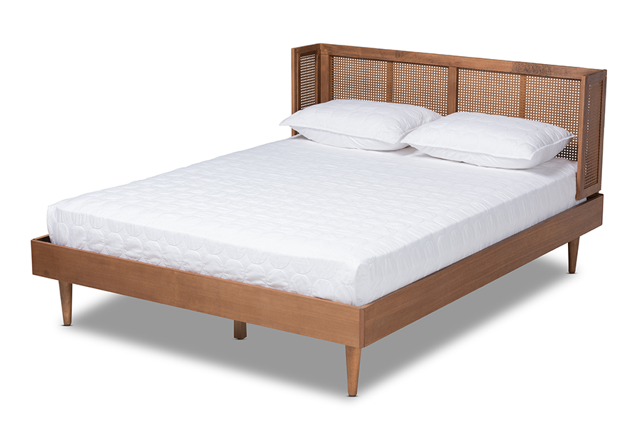 Rina Mid-Century Modern Platform Bed - Ash Walnut - Queen Size - Woven Rattan Headboard
