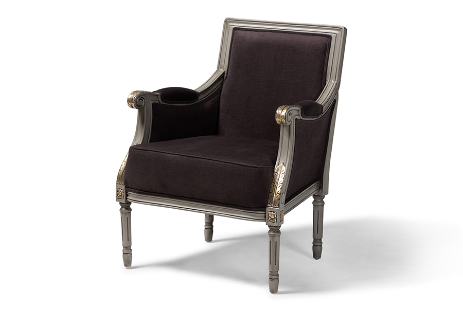 Picture of Baxton Studio ASS1103-CC Georgette Classic & Traditional French Inspired Brown Velvet Upholstered Grey Finished Armchair with Goldleaf Detailing