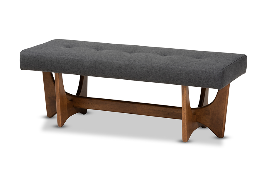 BBT5368-Dark Grey-Walnut-Bench Theo Mid-Century Modern Dark Grey Fabric Upholstered Walnut Finished Bench