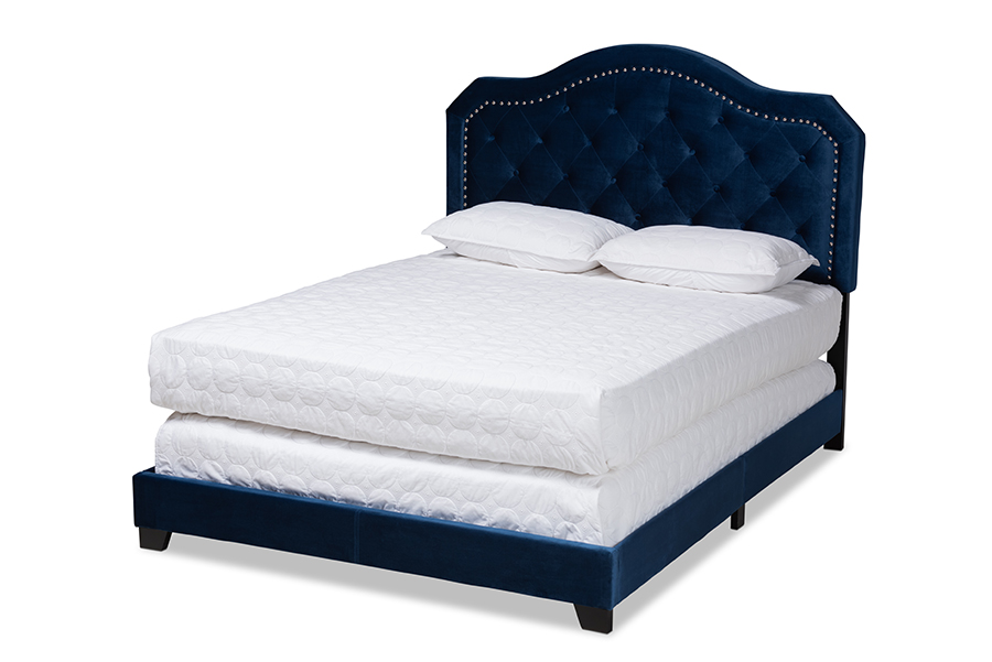 Samantha Bed - Navy Blue - Queen Size - Velvet Upholstered - Button Tufted Design