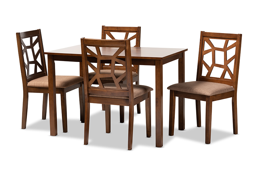 Picture of Baxton Studio RH3010C-Walnut-Light Brown Dining Set Abilene Mid-Century Light Brown Fabric Upholstered & Walnut Brown Finished Wood Dining Set - 5 Piece