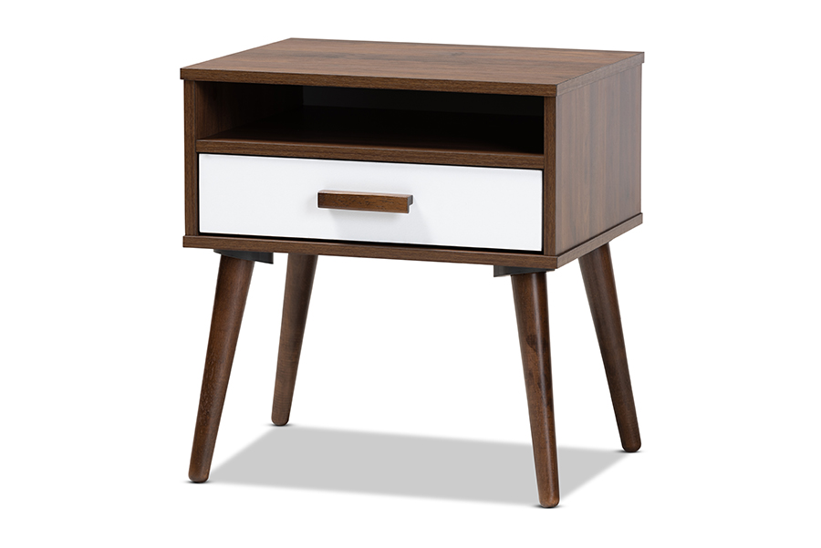 Picture of Baxton Studio ET8002-Columbia Walnut-White-ET Quinn Mid-Century Modern Two-Tone White & Walnut Finished 1-Drawer Wood End Table
