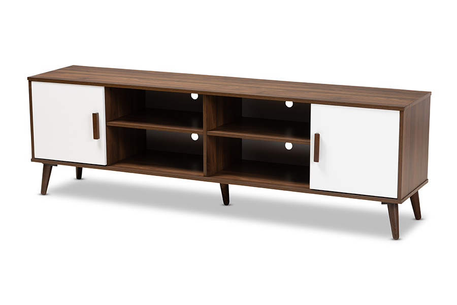 TV8003-Columbia Walnut-White-TV Quinn Mid-Century Modern Two-Tone White & Walnut Finished 2-Door Wood TV Stand -  Baxton Studio, 193271046683