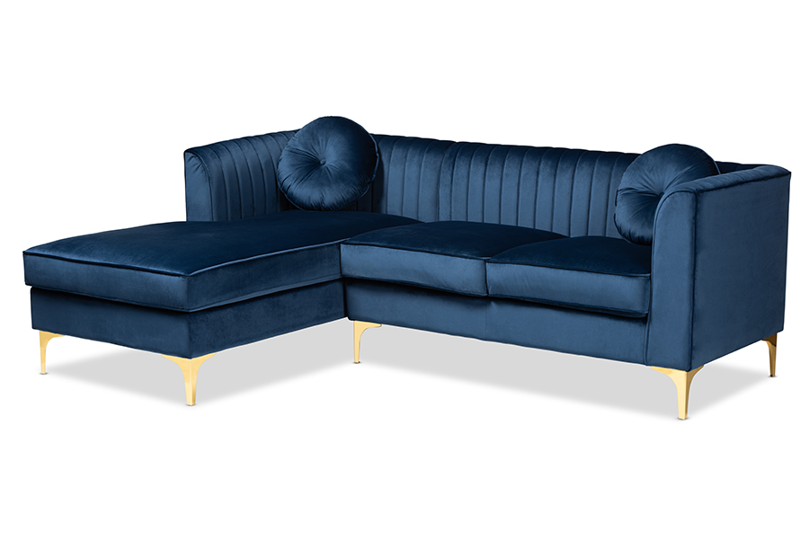 Picture of Baxton Studio TSF-6636-Navy Blue-Gold-LFC Giselle Glam & Luxe Navy Blue Velvet Fabric Upholstered Mirrored Gold Finished Left Facing Sectional Sofa with Chaise
