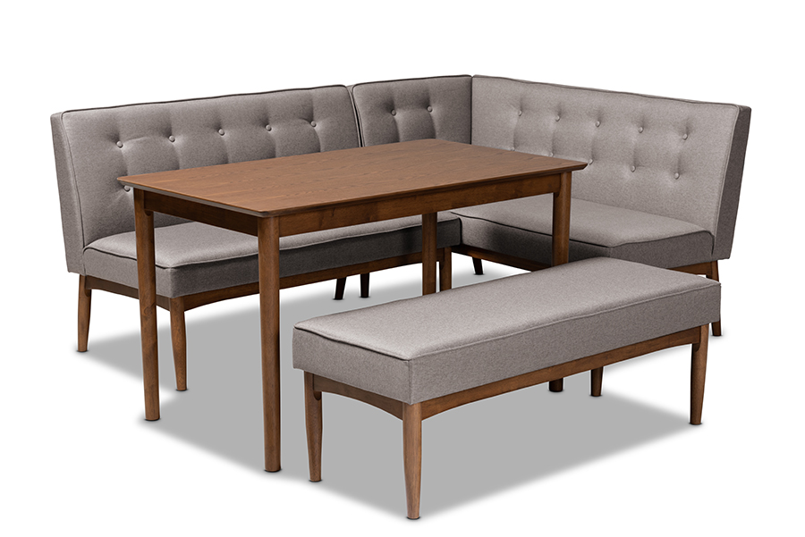 BBT8051-Grey-Walnut-4PC Dining Nook Set Arvid Mid-Century Modern Gray Fabric Upholstered Wood Dining Nook Set - 4 Piece -  Baxton Studio, 193271046812