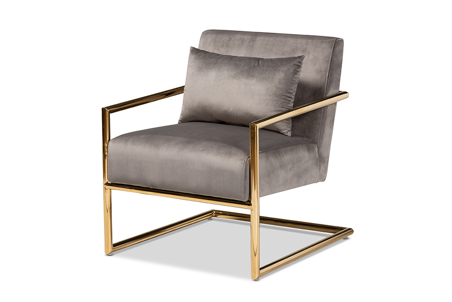 TSF-60458-Grey Velvet-Gold-CC Mira Glam & Luxe Grey Velvet Fabric Upholstered Gold Finished Metal Lounge Chair -  Baxton Studio, 193271051441