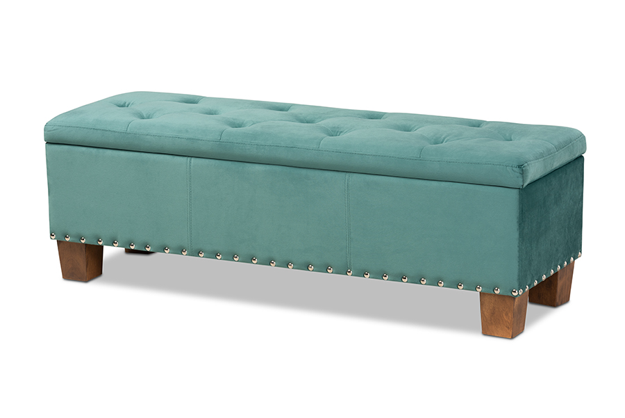 Picture of Baxton Studio BBT3136-Teal Velvet-Walnut-Otto Hannah Modern & Contemporary Teal Blue Velvet Fabric Upholstered Button-Tufted Storage Ottoman Bench