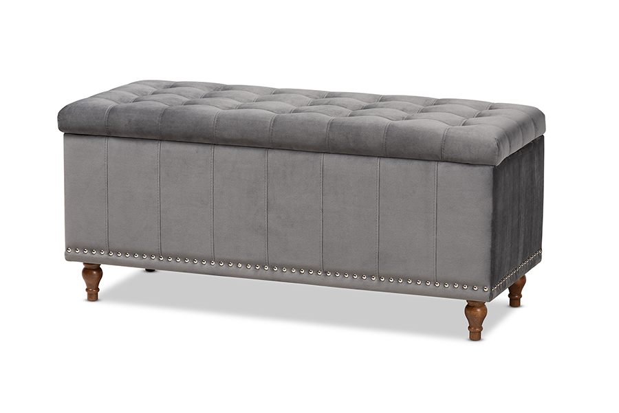 BBT3137-Grey Velvet-Walnut-Otto Kaylee Modern & Contemporary Grey Velvet Fabric Upholstered Button-Tufted Storage Ottoman Bench -  Baxton Studio, 193271051519