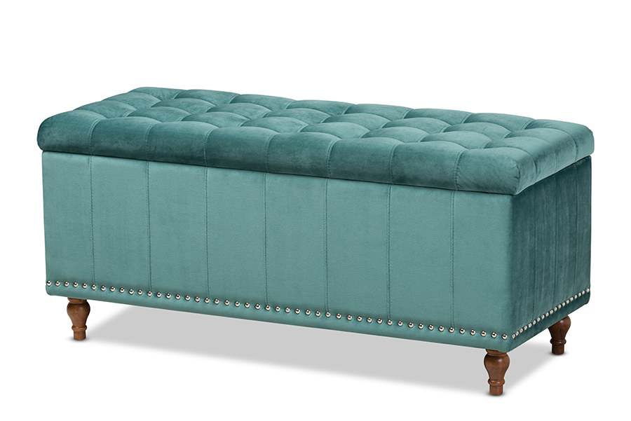 Picture of Baxton Studio BBT3137-Teal Velvet-Walnut-Otto Kaylee Modern & Contemporary Teal Blue Velvet Fabric Upholstered Button-Tufted Storage Ottoman Bench